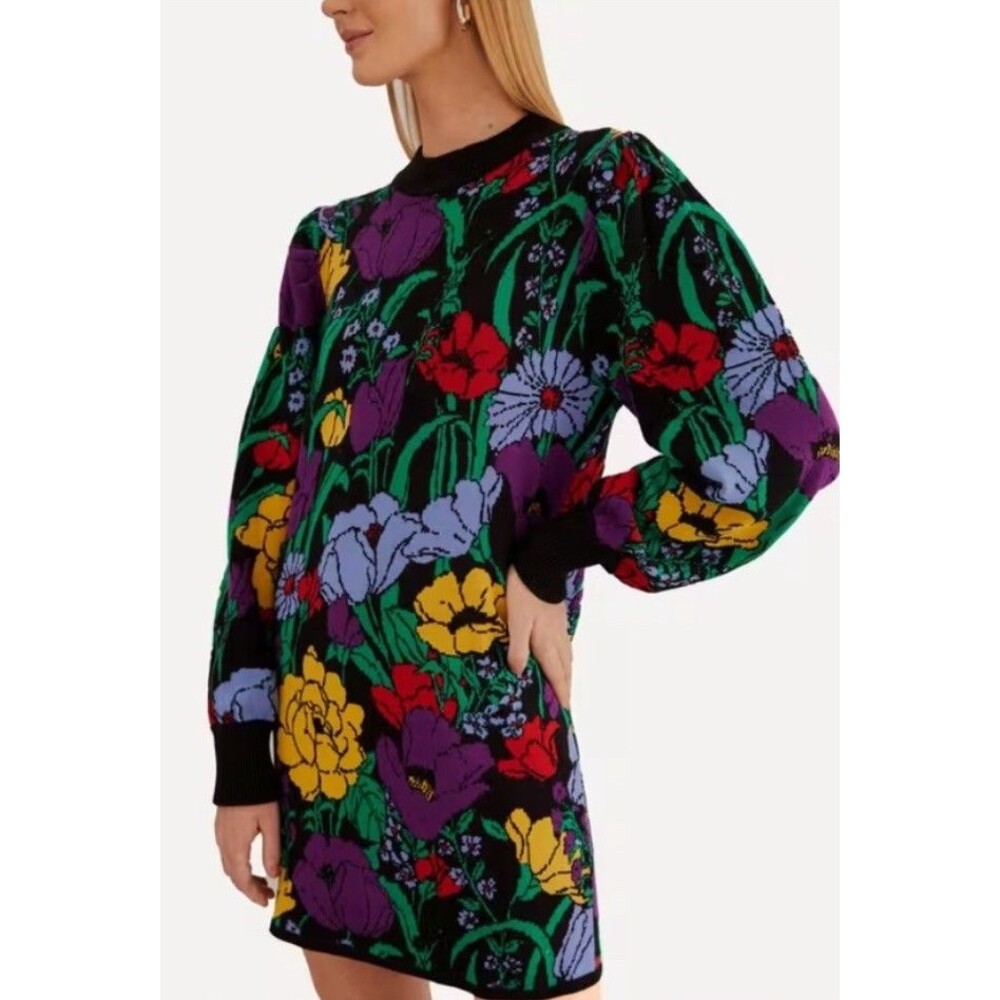 NWT Farm Rio Floral Stretchy Sweater Dress Black/Multi Color  XXS Hippy Boho